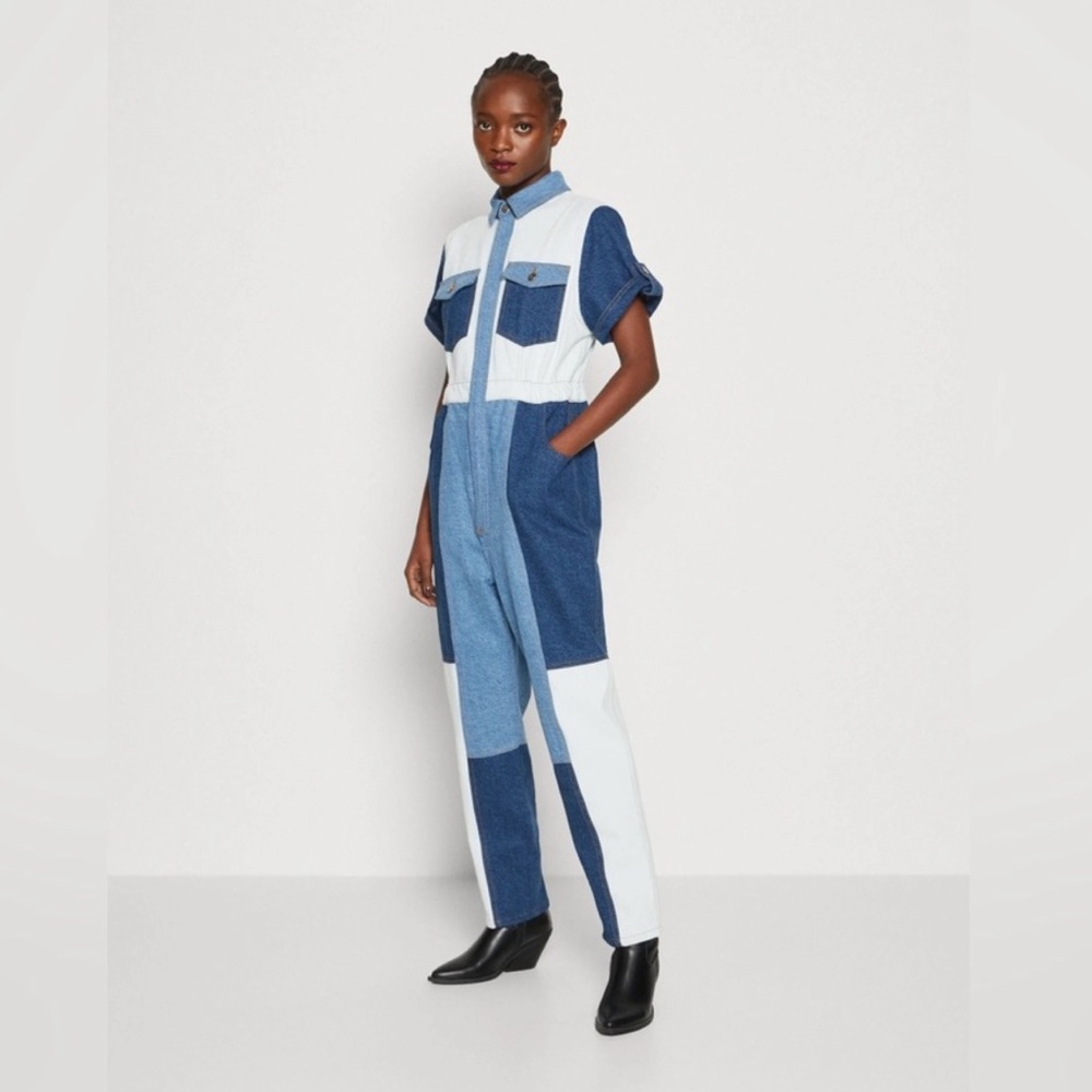 NWT FARM Rio Cutwork Denim Jumpsuit, Sz 25, colorblock, jean, patchwork, cotton